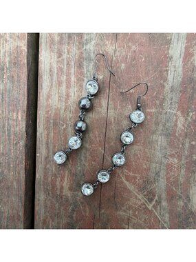 Crystal Drop Dangle Earrings With Antique Silver Finish And Clear Round Stones